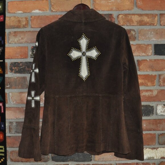 Vintage Brown & Tan Suede Leather Studded Cross Inlay Western Hippie Jacket M - Picture 8 of 10
